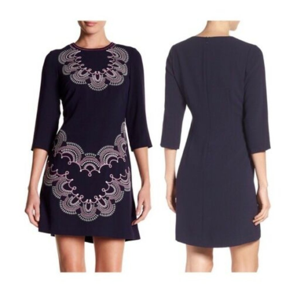 New Eliza J Xs 2 Paisley Embroidered Dress Navy